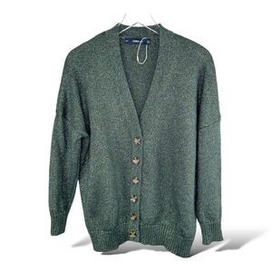 ZARA Green Metallic Knit Oversized Grandad V-Neck‎ Button Cardigan Sz Small